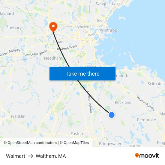 Walmart to Waltham, MA map