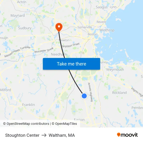 Stoughton Center to Waltham, MA map