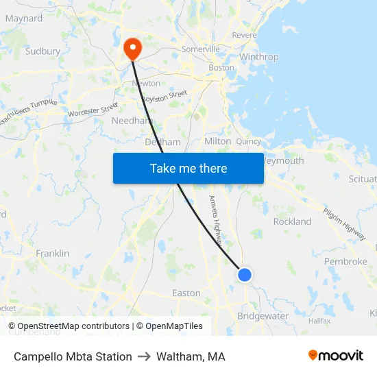 Campello Mbta Station to Waltham, MA map