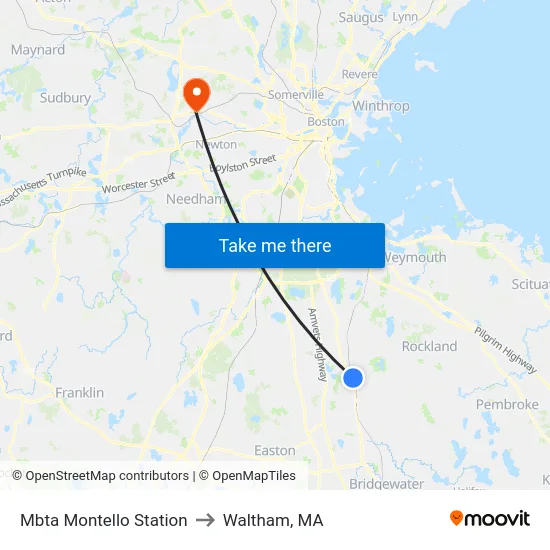 Mbta Montello Station to Waltham, MA map