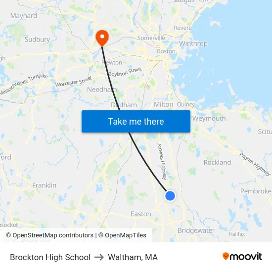Brockton High School to Waltham, MA map