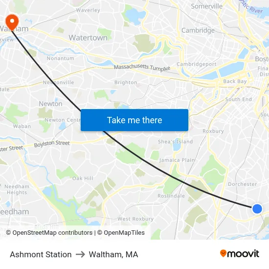 Ashmont Station to Waltham, MA map