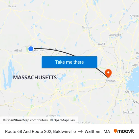 Route 68 And Route 202, Baldwinville to Waltham, MA map