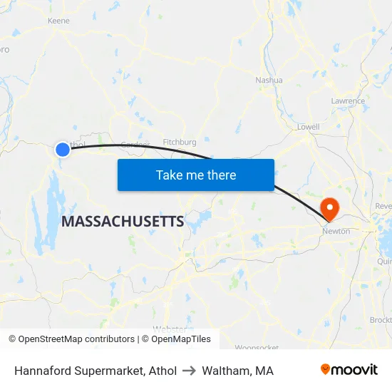 Hannaford Supermarket, Athol to Waltham, MA map