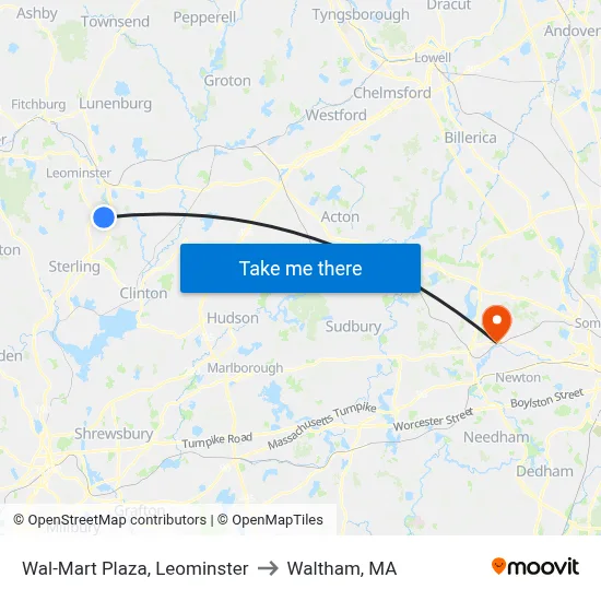Wal-Mart Plaza, Leominster to Waltham, MA map