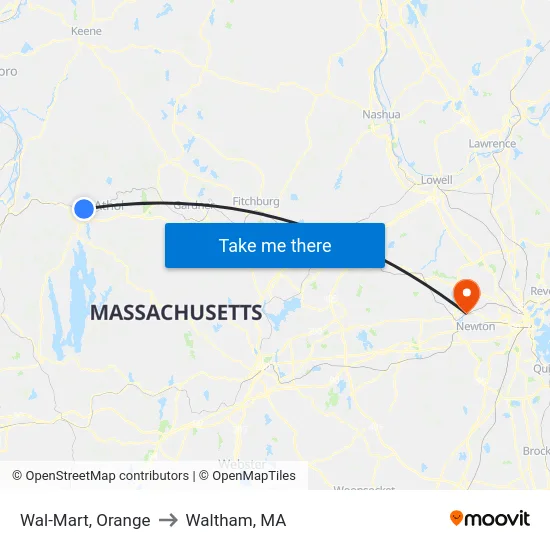 Wal-Mart, Orange to Waltham, MA map