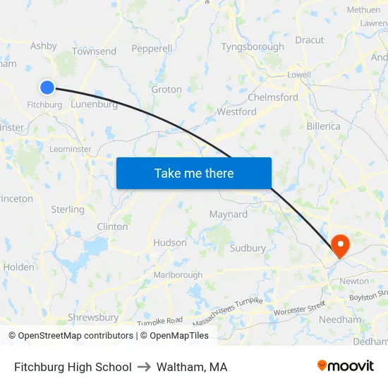 Fitchburg High School to Waltham, MA map