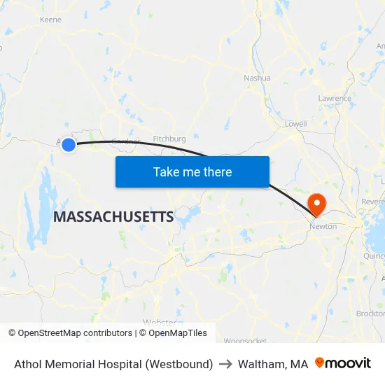 Athol Memorial Hospital (Westbound) to Waltham, MA map