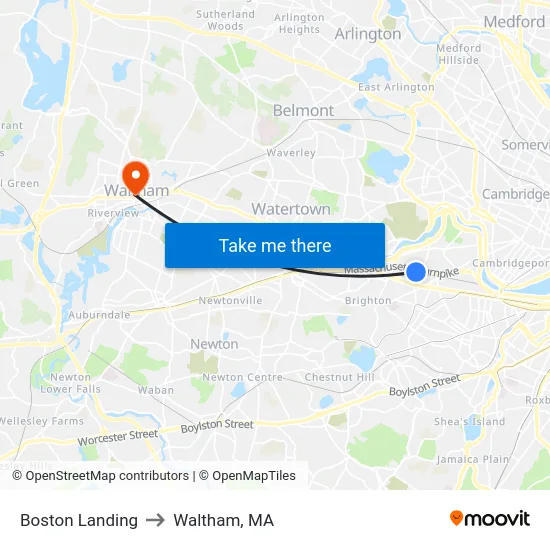Boston Landing to Waltham, MA map