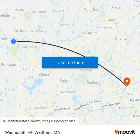 Wachusett to Waltham, MA map