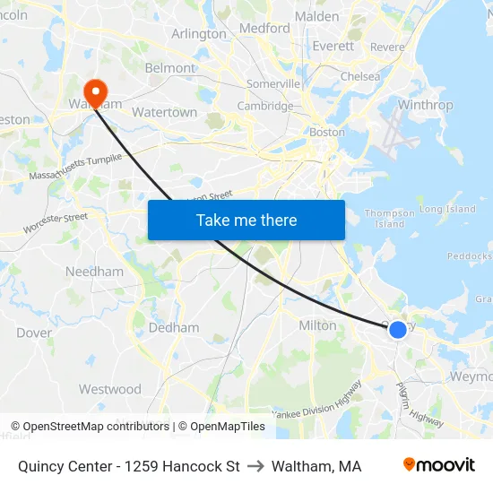 Quincy Center - 1259 Hancock St to Waltham, MA map
