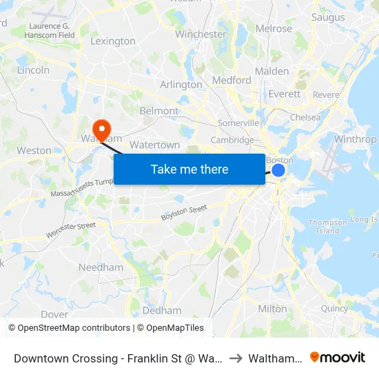 Downtown Crossing - Franklin St @ Washington St to Waltham, MA map