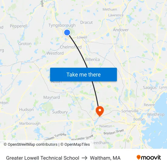 Greater Lowell Technical School to Waltham, MA map