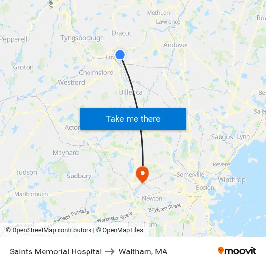 Saints Memorial Hospital to Waltham, MA map