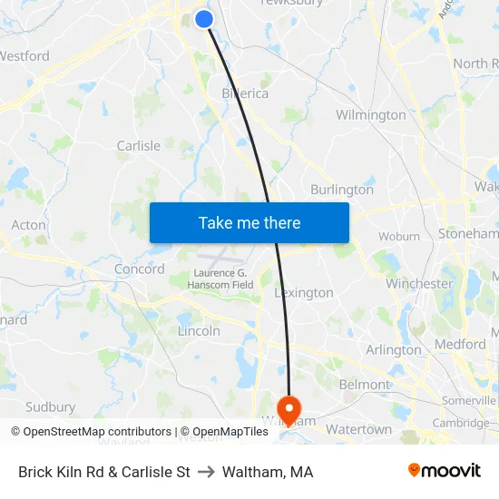 Brick Kiln Rd & Carlisle St to Waltham, MA map