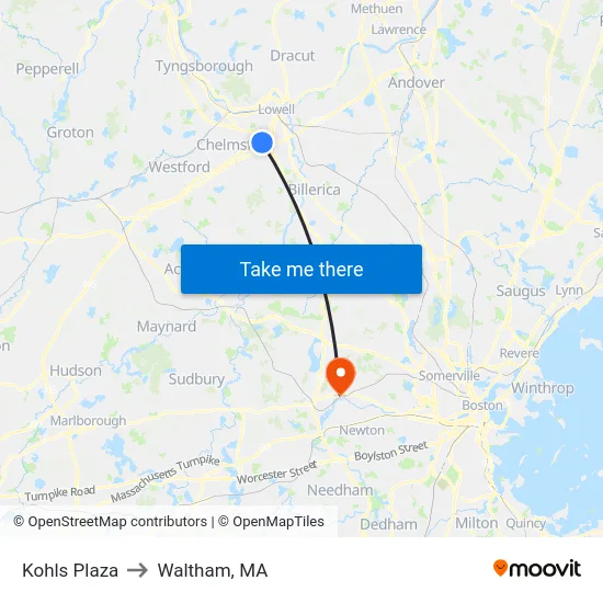 Kohls Plaza to Waltham, MA map
