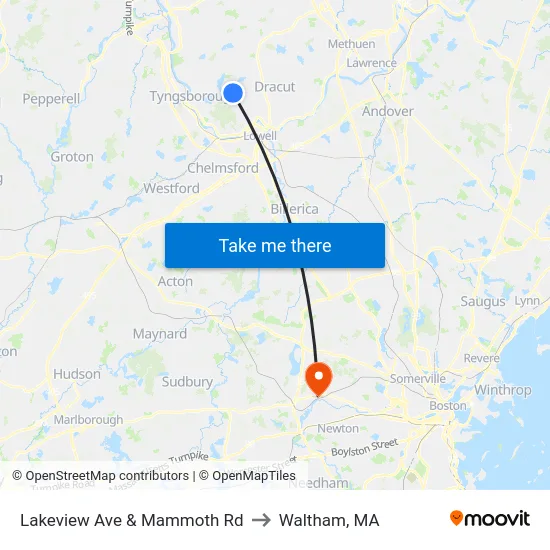 Lakeview Ave & Mammoth Rd to Waltham, MA map