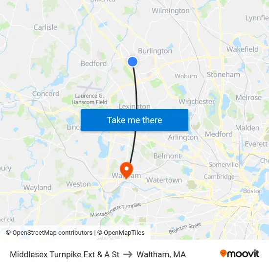 Middlesex Turnpike Ext & A St to Waltham, MA map