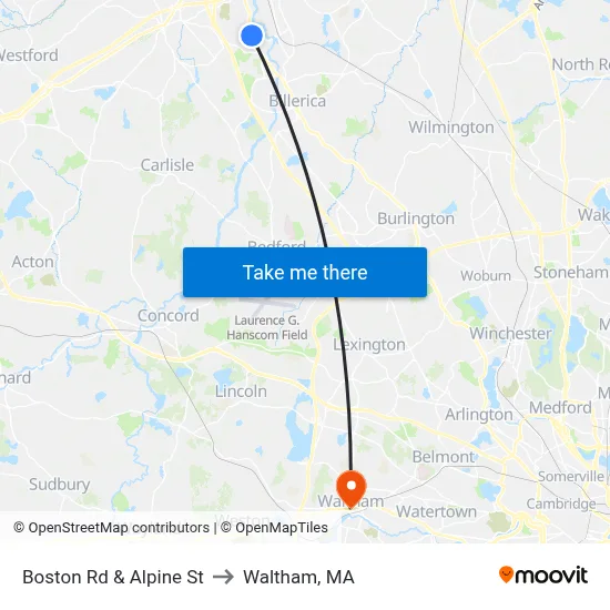 Boston Rd & Alpine St to Waltham, MA map