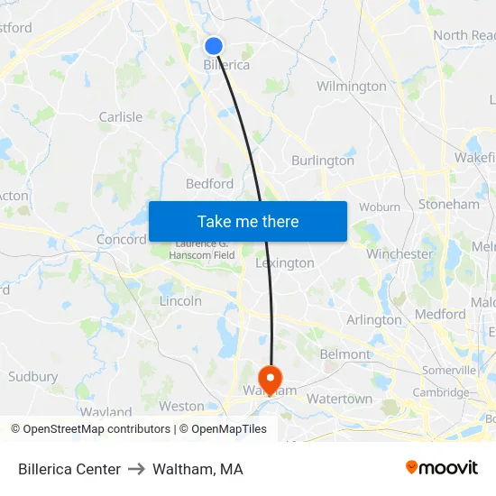 Billerica Center to Waltham, MA map