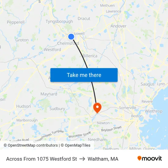Across From 1075 Westford St to Waltham, MA map