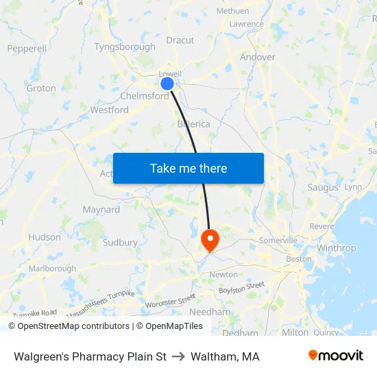 Walgreen's Pharmacy Plain St to Waltham, MA map
