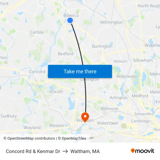 Concord Rd & Kenmar Dr to Waltham, MA map