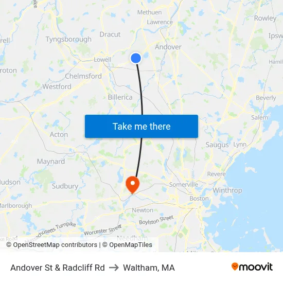 Andover St & Radcliff Rd to Waltham, MA map