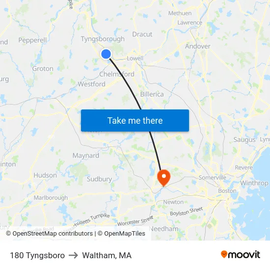 180 Tyngsboro to Waltham, MA map
