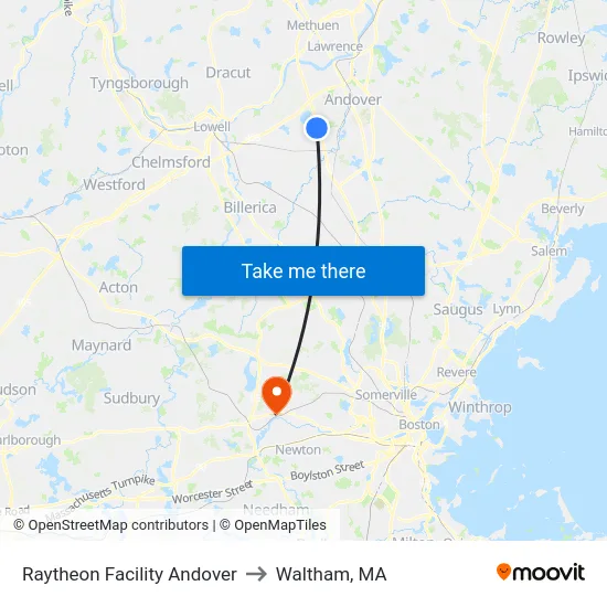 Raytheon Facility Andover to Waltham, MA map