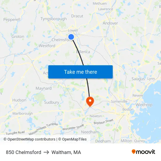 850 Chelmsford to Waltham, MA map
