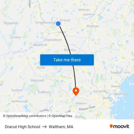 Dracut High School to Waltham, MA map