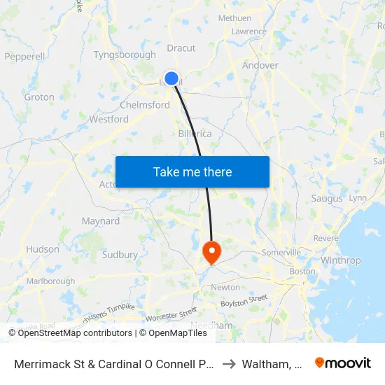 Merrimack St & Cardinal O Connell Pkwy to Waltham, MA map
