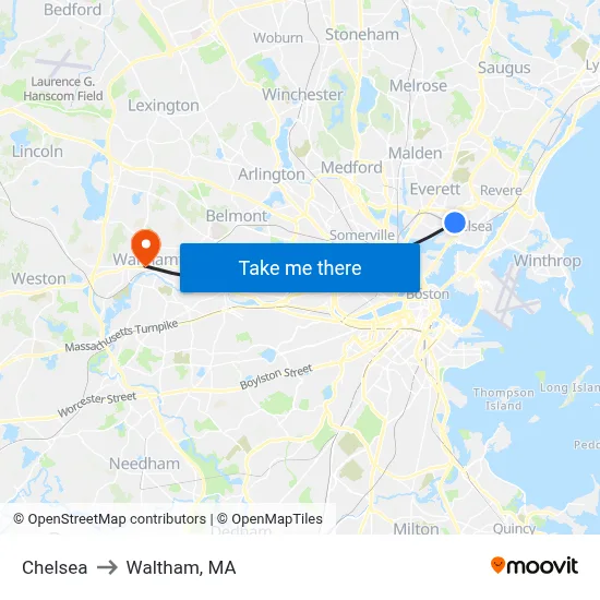 Chelsea to Waltham, MA map