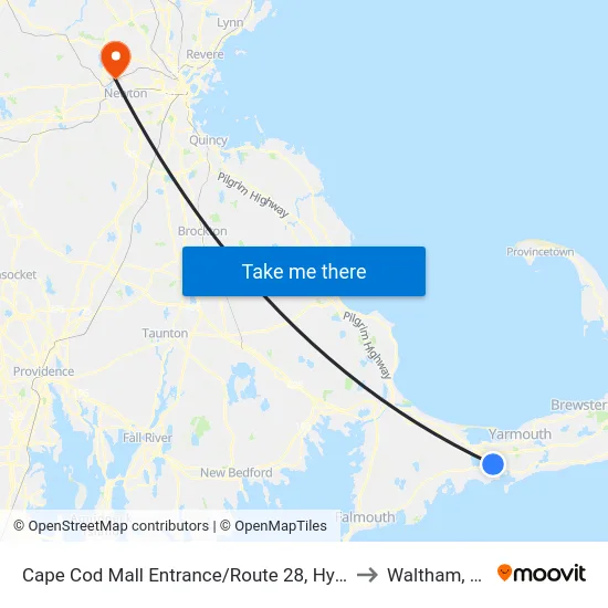 Cape Cod Mall Entrance/Route 28, Hyannis to Waltham, MA map