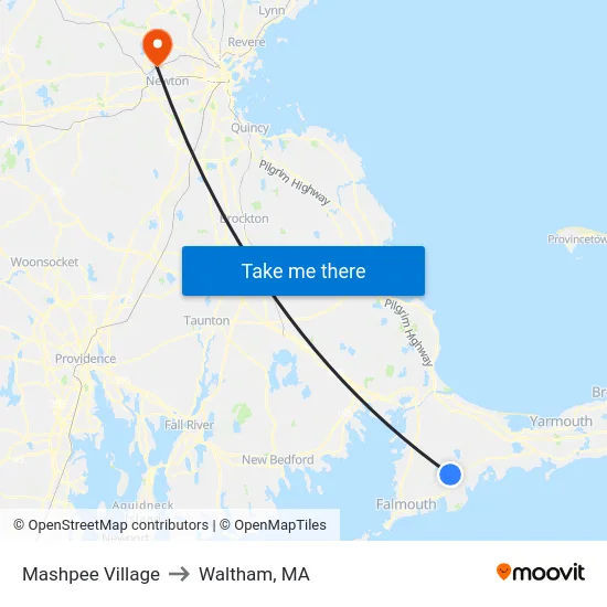 Mashpee Village to Waltham, MA map
