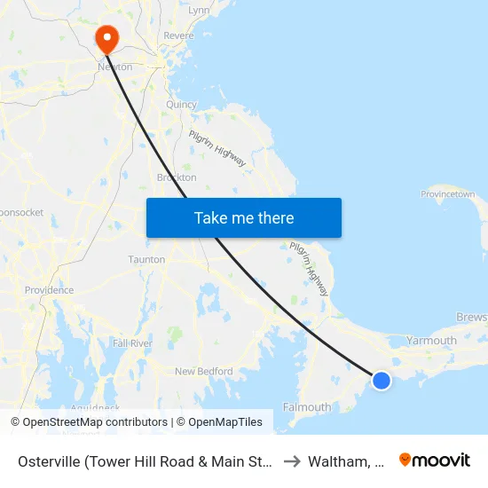 Osterville (Tower Hill Road & Main Street) to Waltham, MA map