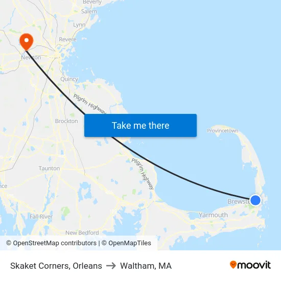 Skaket Corners, Orleans to Waltham, MA map