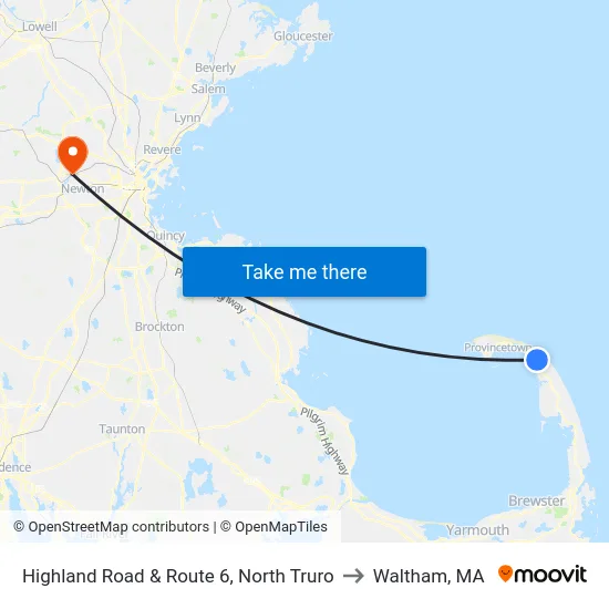 Highland Road & Route 6, North Truro to Waltham, MA map