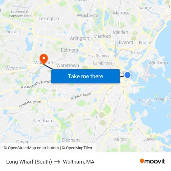 Long Wharf (South) to Waltham, MA map