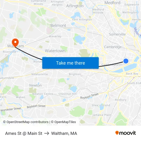 Ames St @ Main St to Waltham, MA map