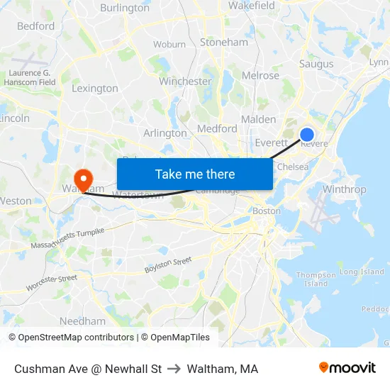 Cushman Ave @ Newhall St to Waltham, MA map