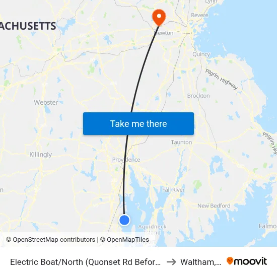 Electric Boat/North (Quonset Rd Before Dillabur) to Waltham, MA map