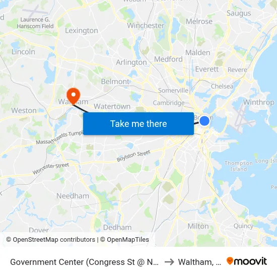 Government Center (Congress St @ North St) to Waltham, MA map