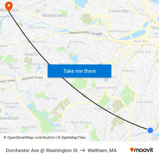 Dorchester Ave @ Washington St to Waltham, MA map