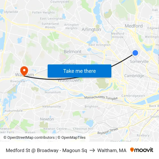 Medford St @ Broadway - Magoun Sq to Waltham, MA map