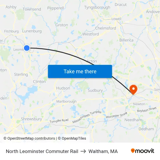 North Leominster Commuter Rail to Waltham, MA map