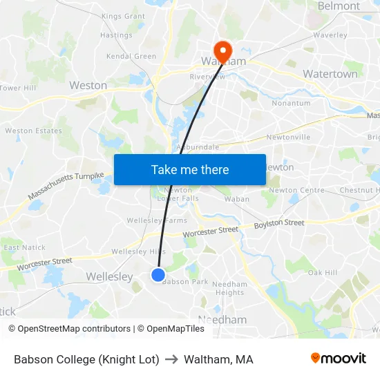 Babson College (Knight Lot) to Waltham, MA map