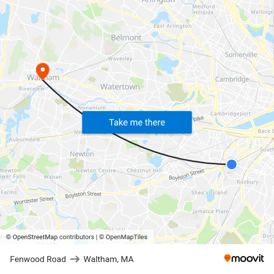 Fenwood Road to Waltham, MA map