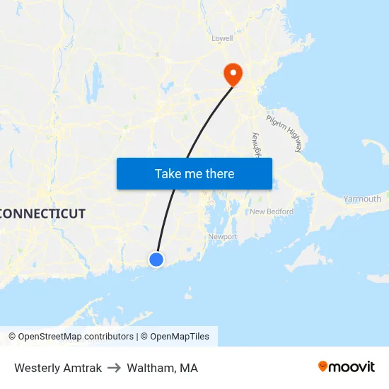 Westerly Amtrak to Waltham, MA map
